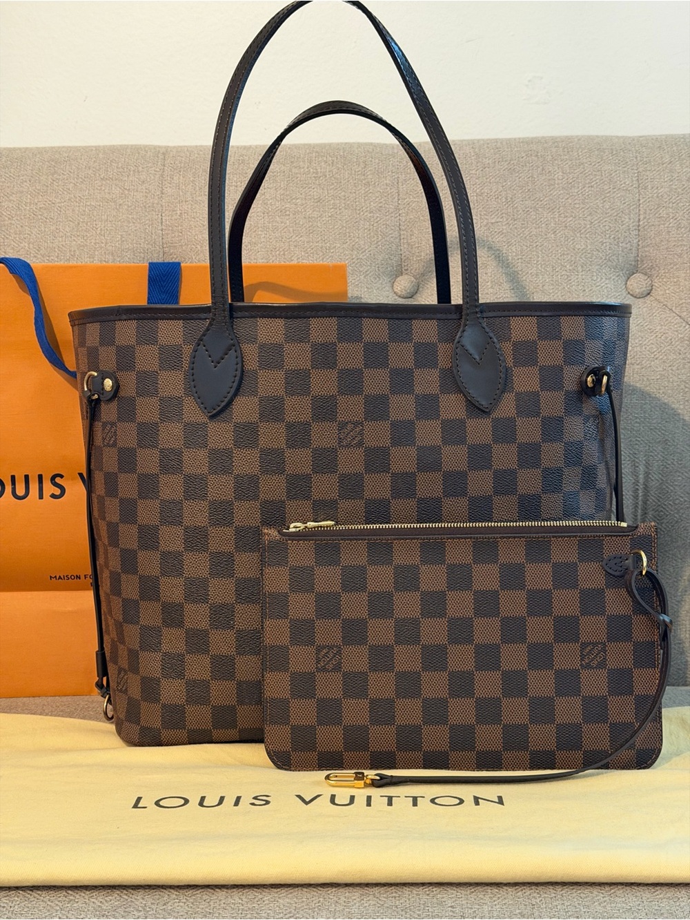 Louis Vuitton Brown Damier Ebene Neverfull MM Tote with Pochette